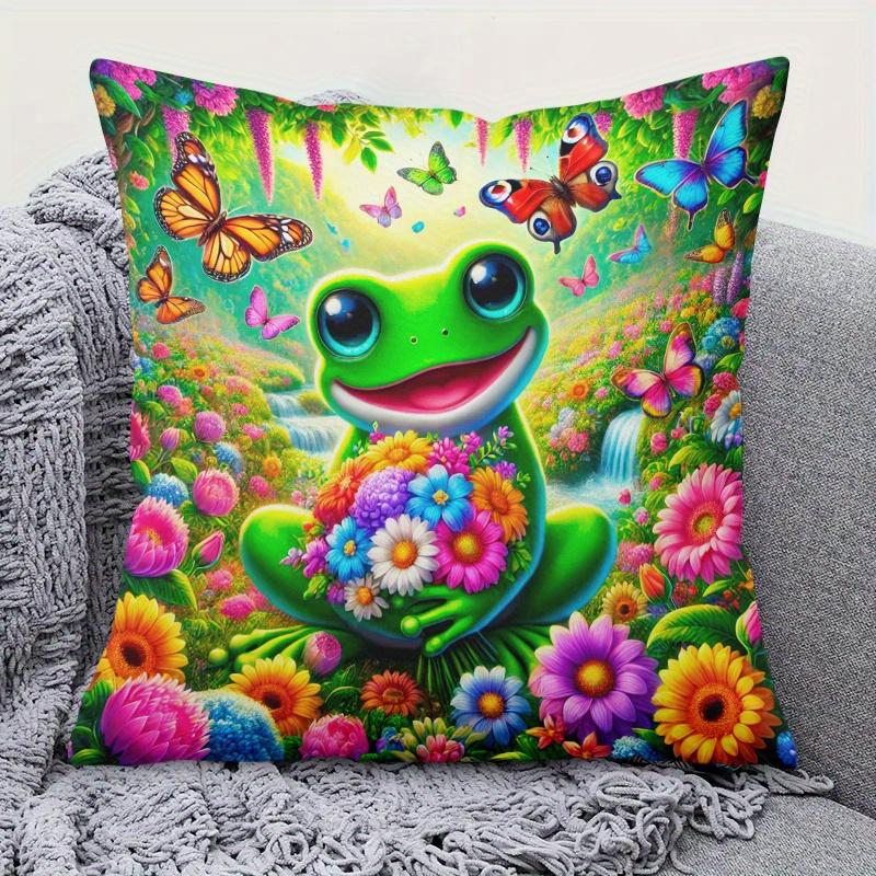 Pandara Jewelry Unisex 1Pc Cartoon Frog Holding Flowers Butterfly Throw Pillow Cover,Suitable For Bedroom,Living Room,A Healing Gift For Nature Lovers