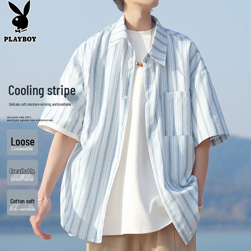 PLAYBOY Men s Ice Silk Striped Short Sleeve Shirt 2XL