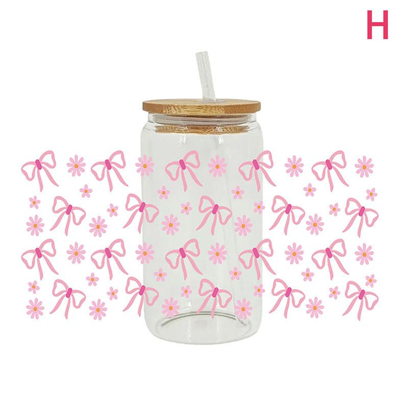 Autocolant UV DTF cu funde fluide pentru cutii de bere de 16 oz, panglici Pretty Love, drăguț model feminin, pentru cutii de bere, model UV DTF