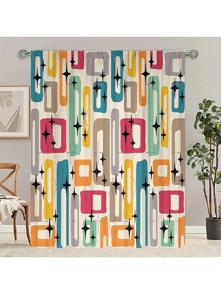

Set Of 2 Retro Geometric Star Printed Curtains Designed Quality Material Ideal Mid Century Home Wi Modern Sheer Made Polyester W100*H70(CM)-Grommet top&1PCS