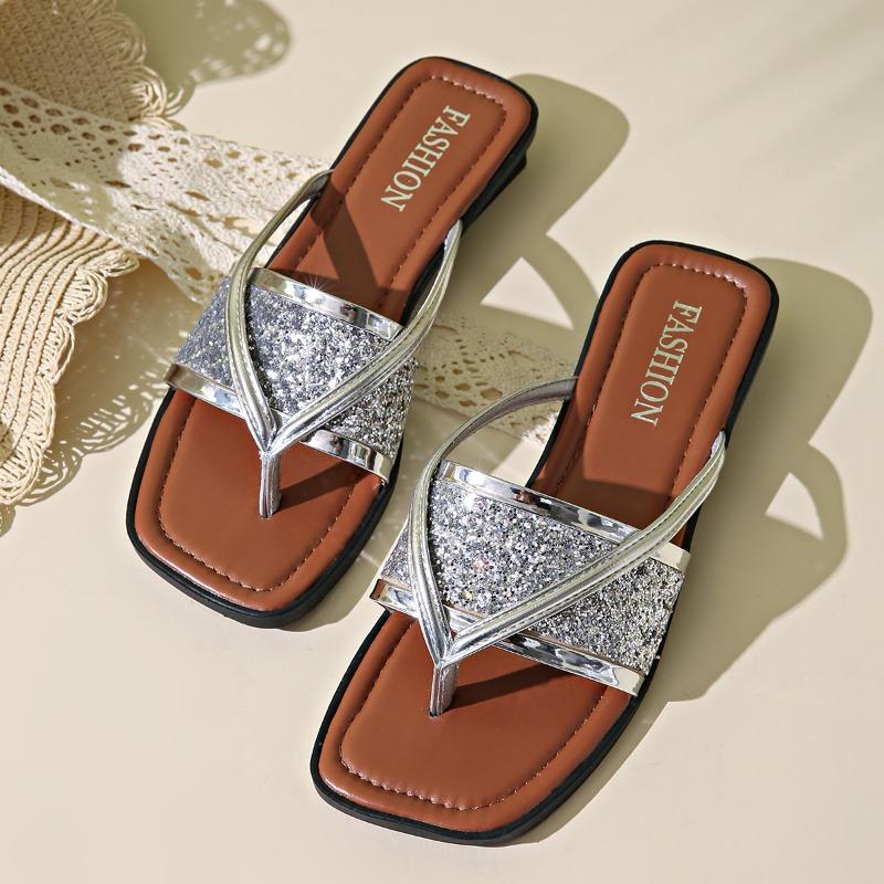 

Fashion New Style Shiny Gold Sequin Flats Slippers Women Summer Clip Toe Beach Sandals Woman Plus Size 35-43 Non Slip Outdoor Flip Flops 43