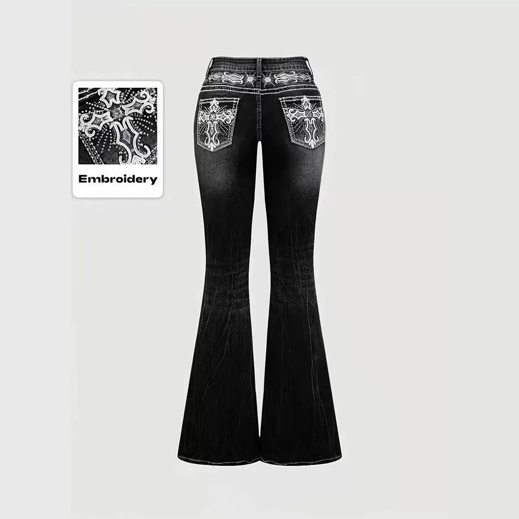 RogueWave Jeans Pantaloni a Zampa Donna Vintage Boot Cut Ricamo Tasche Strass Lavati Donna Jeans Strappati Pantaloni Streetwear
