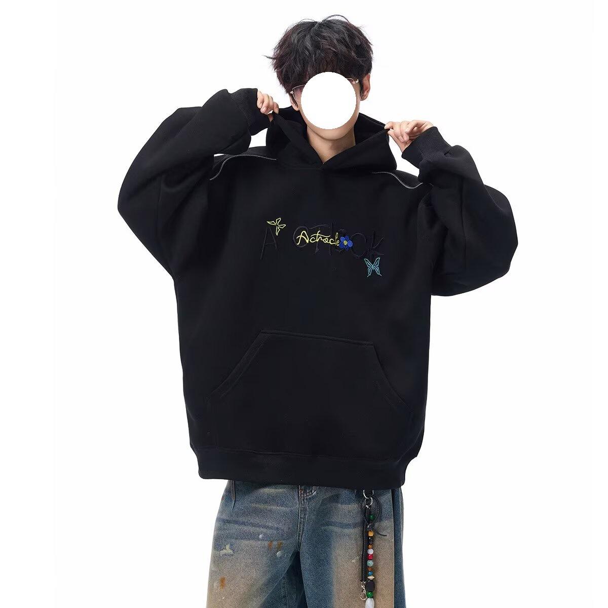American letter embroidered hooded sweater men s autumn and winter new loose fleece thickened heavy casual hoodie jacket 2XL