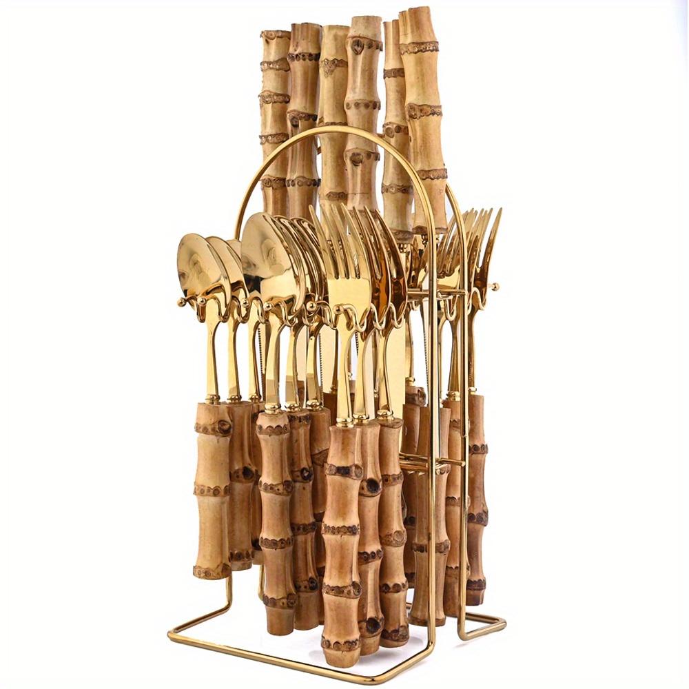 24Pcs Creative Dinnerware Sets Bamboo Handle Stainless Steel Flatware Set Knife Fork Spoon Tableware Set Luxury Cutlery Rack