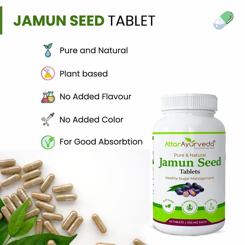 Attar Ayurveda Jamun Seed Extract Tablets 500mg 60 Count Natural Digestive Support Detox Supplement Daily Wellness Care