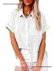 2026 Spring/Summer Women's Cotton Linen Pocket Short Sleeve Shirt