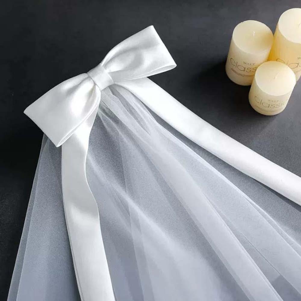 Single Layer Bride's White Headgear Romantic Bridal Headdress Elegant Long Satin Bow Veil  Wedding