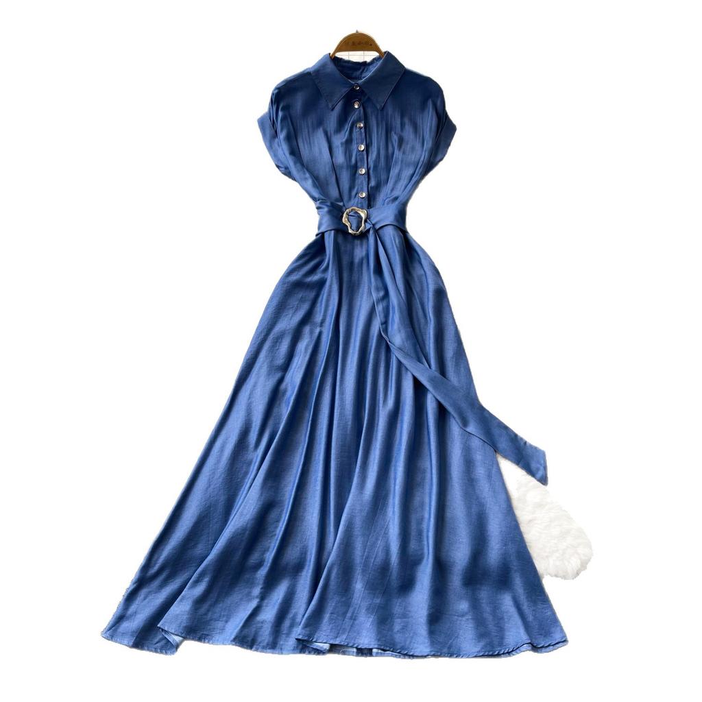 French retro V-neck metal buckle sleeveless dress for women's summer waist and thin elegant temperament long dress