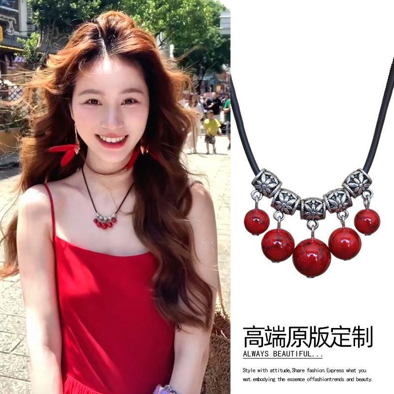 

Red Leather Rope Necklace Ethnic Style Retro Miao Silver Tibetan Silver Red Agate Choker Yunnan Dali Tourism Accessories Bohemia red necklace