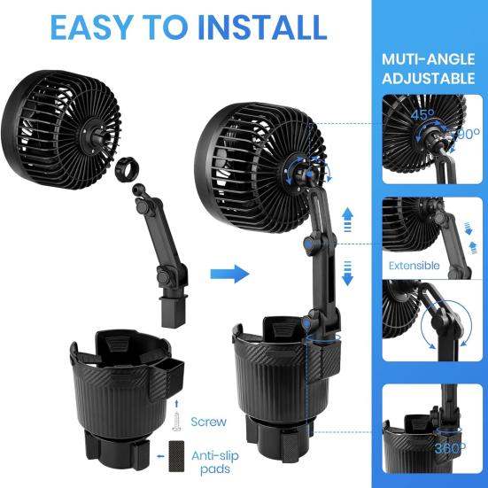 2-in-1 USB Fan Cup Holder Expander 360-Degree Rotation Strong Airflow USB Powered Universal Easy To Install Vehicle Cooling Fan
