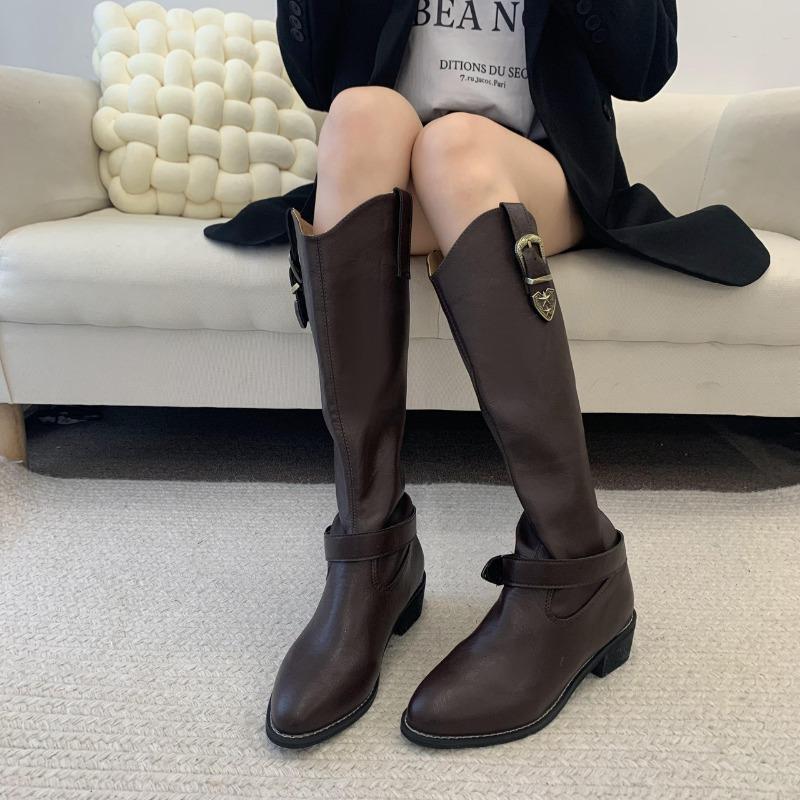 Coarse heel boots women's spring and summer new pointed toe versatile knee boots with skirt knight boots