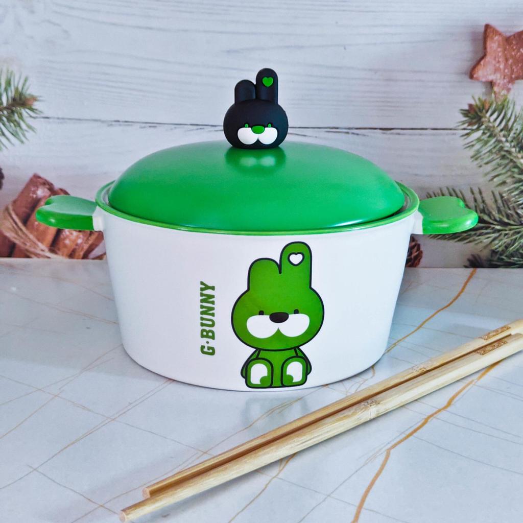 Korean Style Cute Heart Ceramic Noodle Bowl with Lid for Dorm or Bedroom Microwave Use