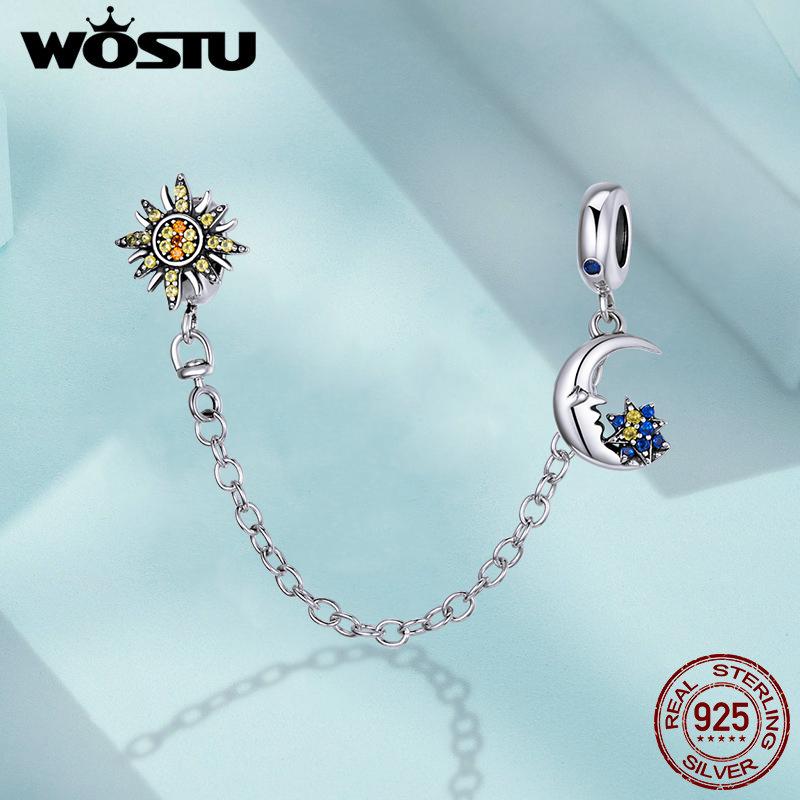 WOSTUS 925 Sterling Silver Honey Bee Safety Chain Star Moon Beads Heart Charm Fit Original Bracelet Bangle DIY Jewelry Making