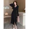French Sexy Hot Girl V-neck Long-sleeve Dress for Women, New Winter Slimming Inner Layer, A-line Long Skirt