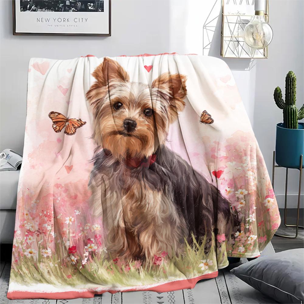Pink Yorkshire Terrier Pattern Flannel Blanket, High Quality Comfortable for All Seasons, Home Decor, Warmth and Comfort, Perfect for Gifts.