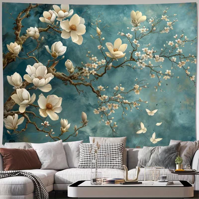 2D Teal Magnolia Flower Tapestry for Bedroom Living Room Decor