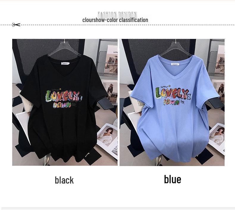 Plus Size V-Neck Slimming Mid-Length Loose T-Shirt for Women, Short-Sleeved, Covers Belly, Available In 200/300/350 Jin.