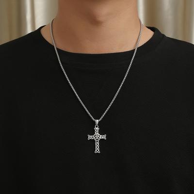Keltský uzel dutý náhrdelník z titanové oceli s křížkem Unisex styl Muži a ženy nosí přívěsek s věčným uzlem