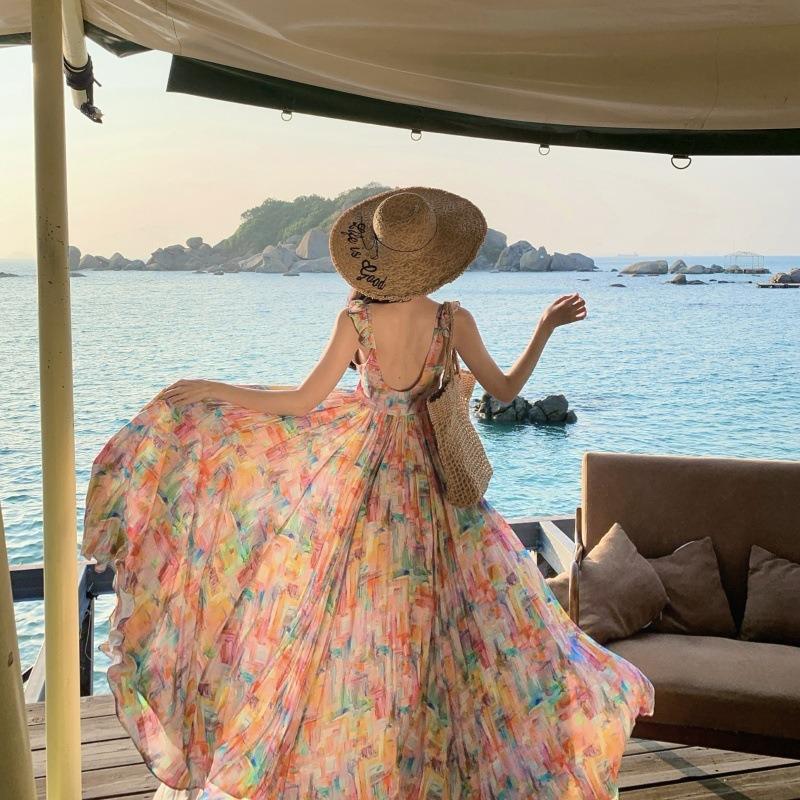 Seaside Vacation Dopamine Gentle and Beautiful Chiffon Print Suspender Dress Women's Summer Big Skirt Long Dress