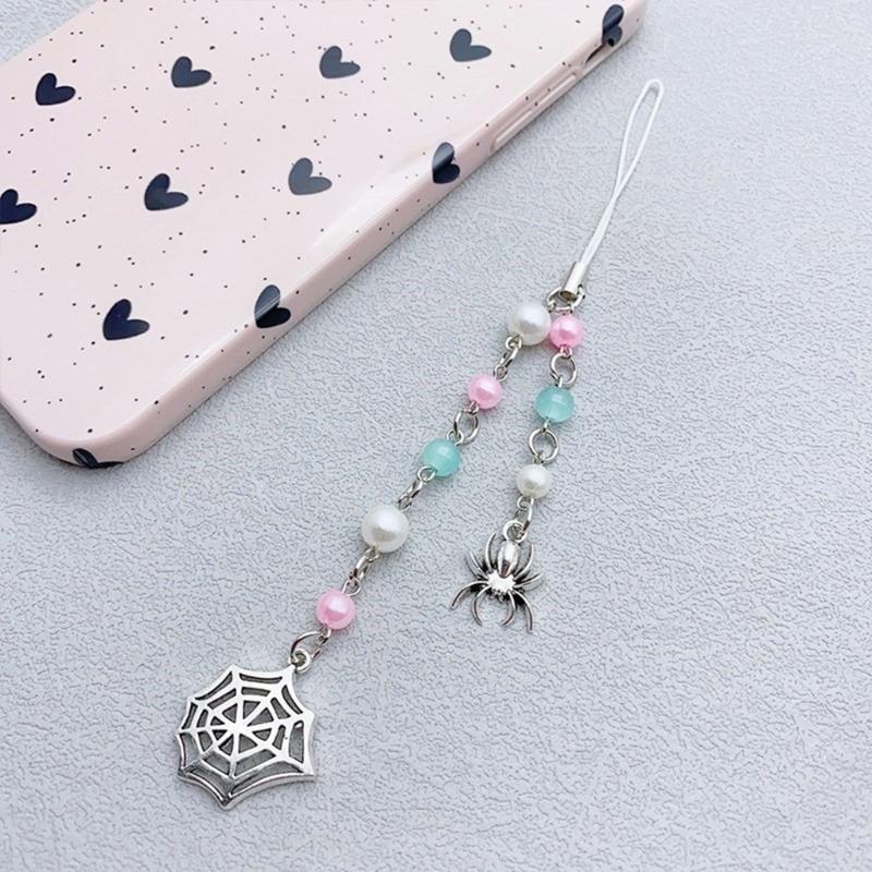 Handmade Beaded Phone Chain Halloween Spiderweb Cellphone Charm Colorful Keyring Pendant Keychain Jewelry Accessory