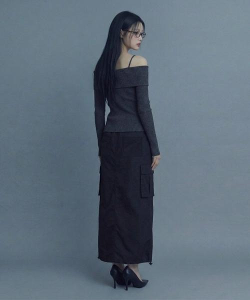Ineodeijeu Nylon Cargo Long Skirt (Black)