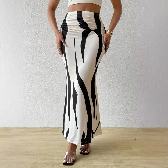 Women Fishtail Skirt Zebra Pattern Hip-Covering Maxi Skirt High Waist Office Lady Long Skirt