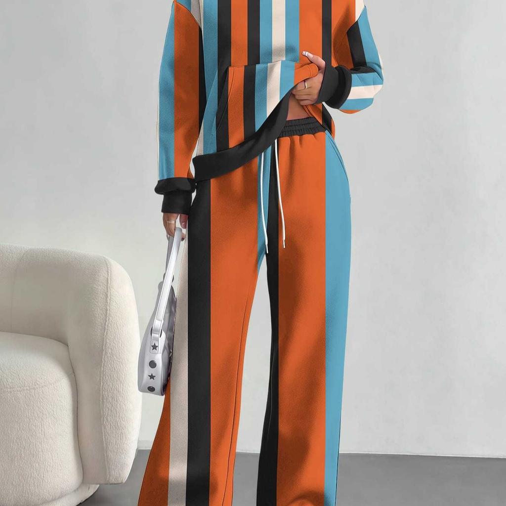 Striped European and American Autumn Casual Geometric Figure Long-sleeved Suit Women's Hooded Sweater Trousers Two-piece Set