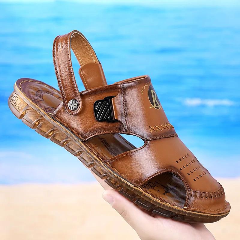 

Модные летние кожаные ретро-полые сандалии из говяжьей жилы для пляжа для мужчин, дизайнерские новые повседневные мужские тапочки с мягкой подошвой для дома 38