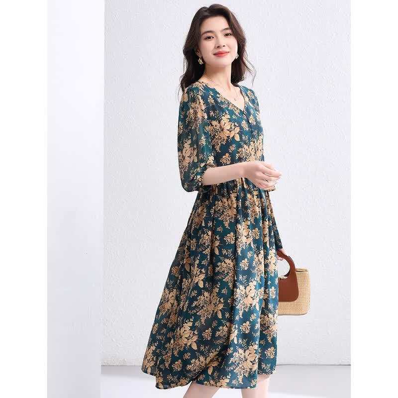 Oudefu Women s Summer Floral V-Neck A-Line Midi Dress 2XL
