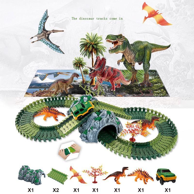 Explore The 144pcs Dinosaur Dino World Kid Flexible Race Car Track Play Set