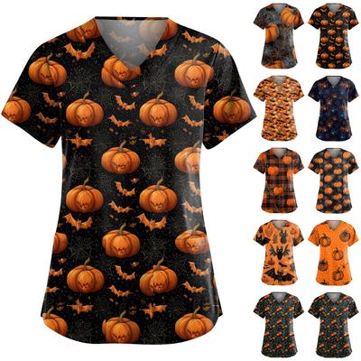 Women's Fashion V-Neck Short Sleeve Overalls With Pockets Halloween Printed Tops  Apparel