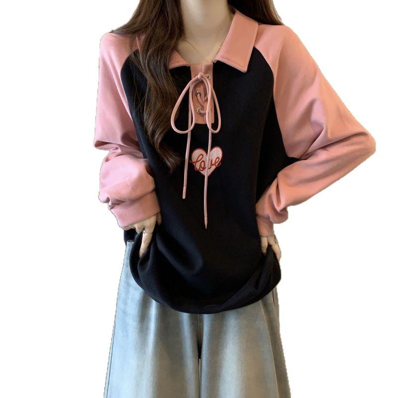 Women's Plus Size Polo Neck Hoodie: Autumn/Winter Korean Style, Loose Raglan Long Sleeve, Slimming Base Top for a Flattering Look