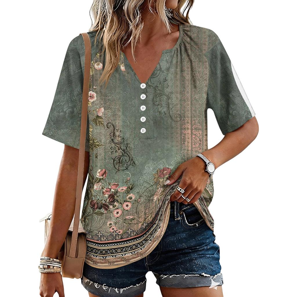 Women's Fashionable Casual Floral Print Button V-neck Short-sleeved Top