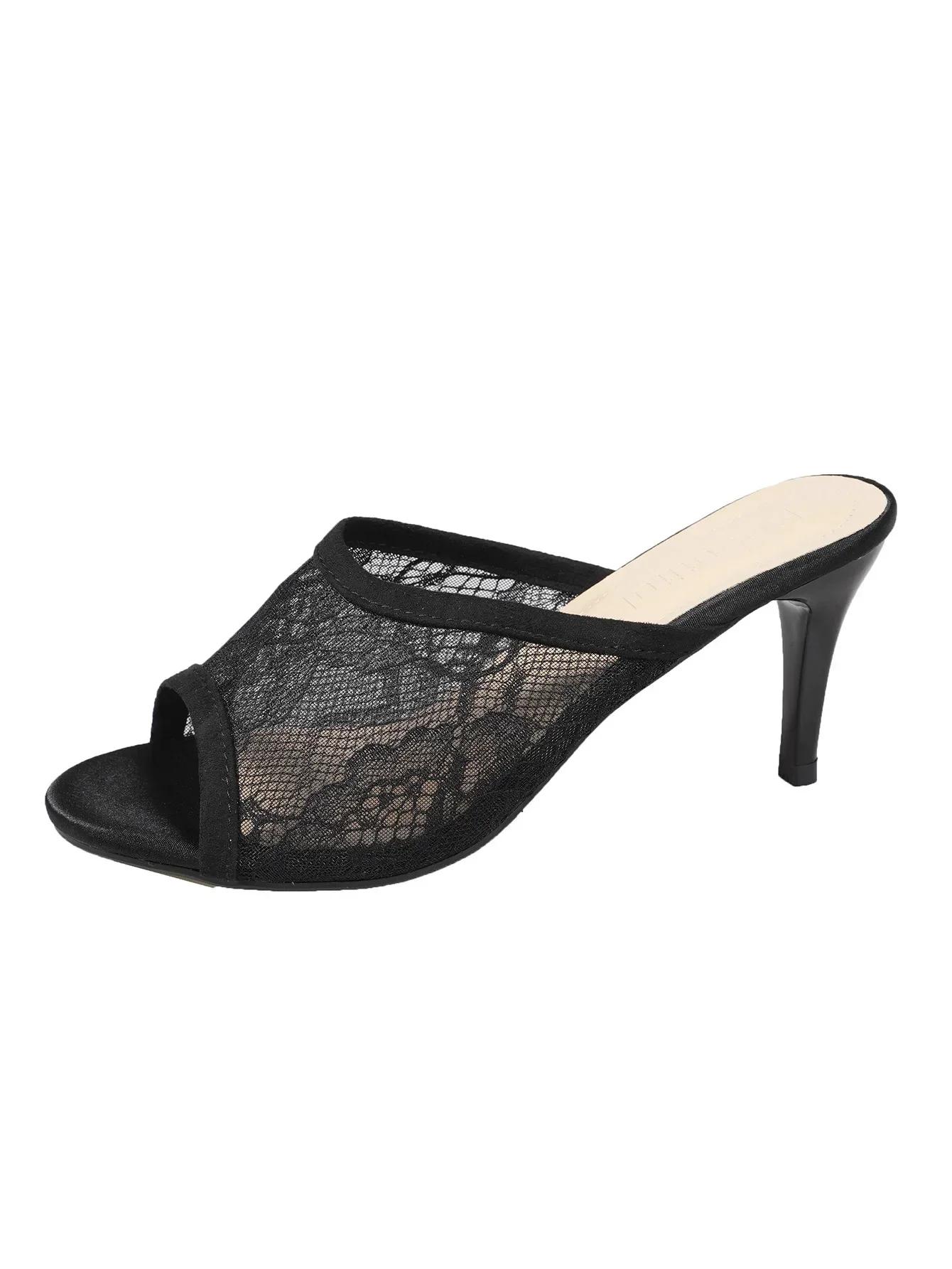 

Lace High Heels Slippers Women Mesh Open Toe Sandals Woman Shoes Summer 2025 New Thin Heel Pumps Dress Elegant Sandalias Mujer 41 чёрный