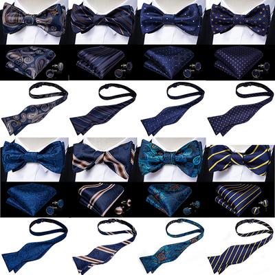 Bowtie for Men Paisley Blue Bow Tie Plaid Silk Bowtie Set Handkerchief Cufflinks Checked Bows Self-Tied Tie