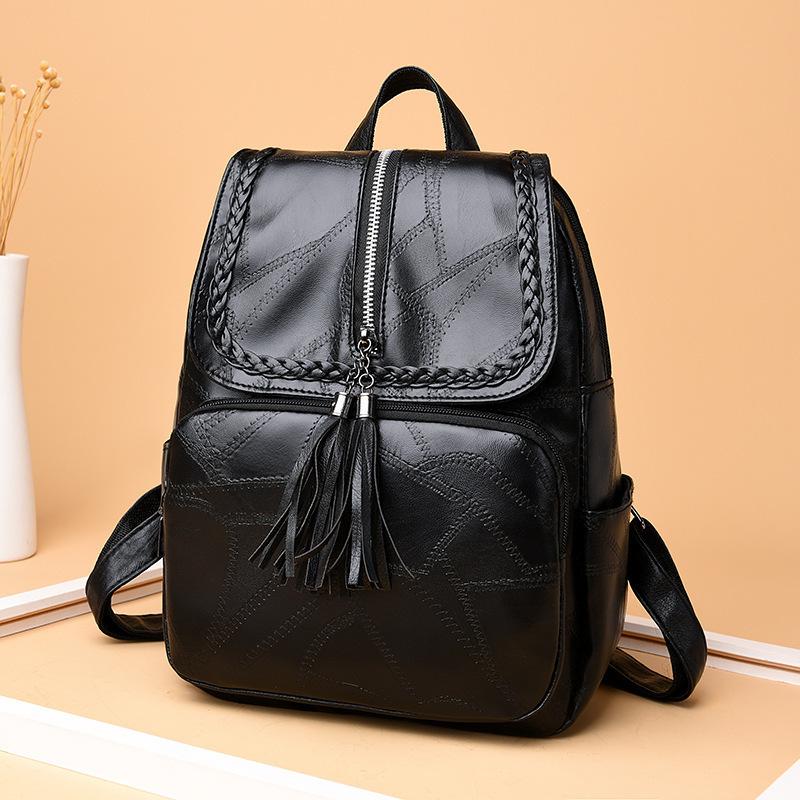 Schoolbag Fashion Large Capacity Leisure Travel Bag 1011 Autumn and Winter New Tassel Splicing Backpack Women's Soft Leather Mom Bag