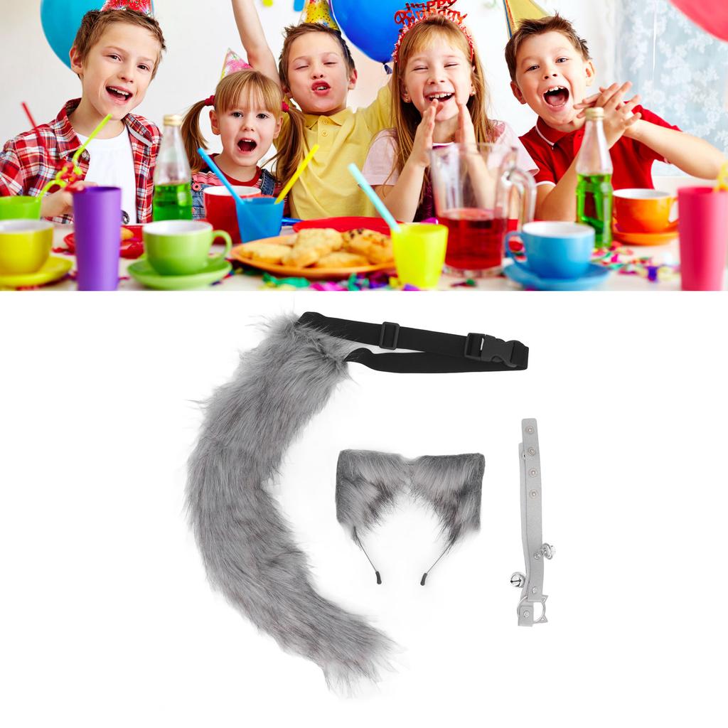 Cat Ears and Wolf Animal Tail Cosplay Costume Faux   Hair Clip Headdress Halloween Leather Neck Chocker Set Animal Cosplay Party Costume