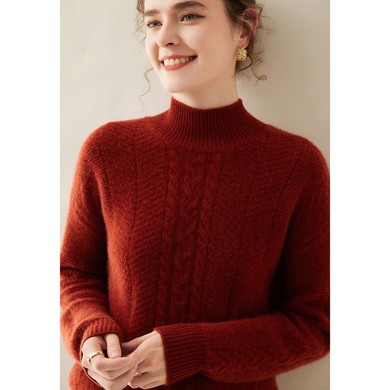 Women's Soft Cashmere Cable Knitwear - Semi-High Neck, Thickened for Autumn/Winter, Can Be Worn Alone or as a Commuting Base Layer