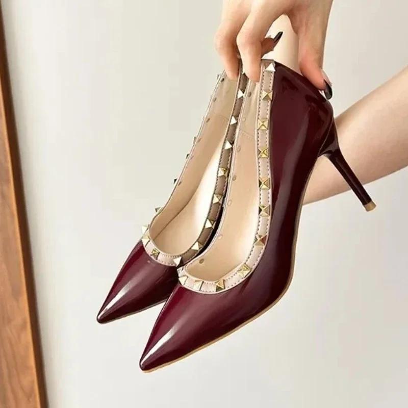 Fashion Sexy Pointed Toe Women's Soft Leather Pumps Autumn New Thin High Heels 2025 Latest Rivet Design Dress Shoes Big Size