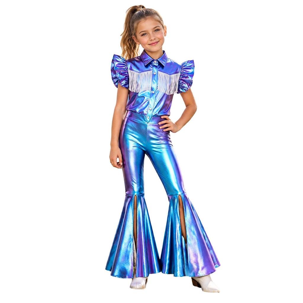 Kinder Mädchen Cowgirl Verkleidung Outfit Rüschenärmel Umlegekragen Quaste Metallisches Oberteil mit Schlitz Schlaghosen Metallische Hosen für Party