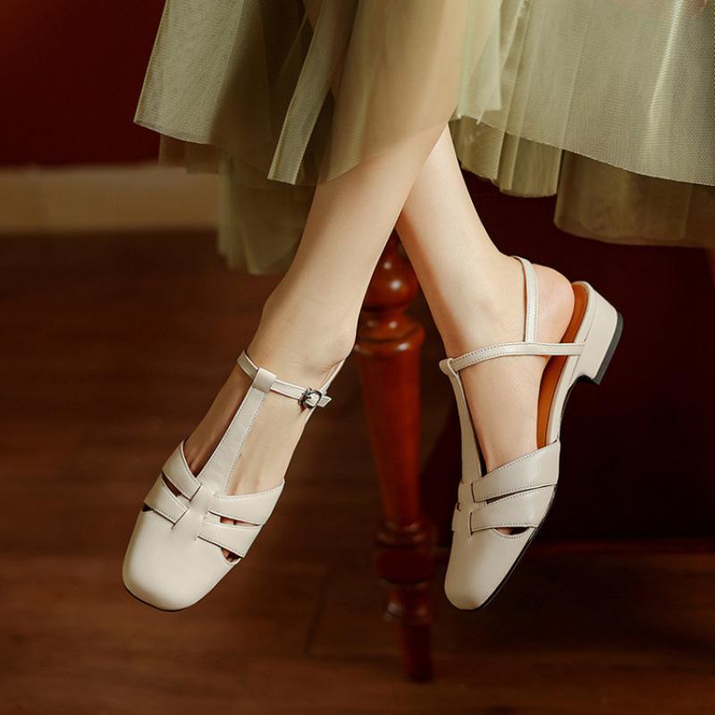 New women's flat-soled sandals Korean version of rear empty sandals women's round head low heel beef tendon soft sole comfortable leather large si
