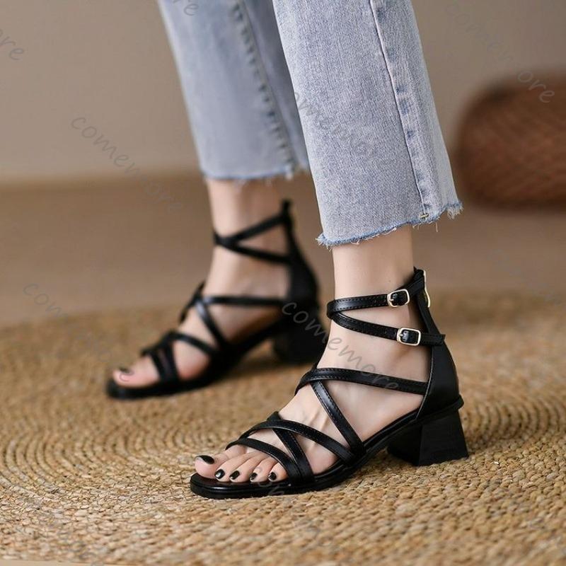 Comemore Strappy Roman Sandals Women New Brown Retro Chunky High Heel Square Head Shoes for Women Back Zip Heeled Sandal