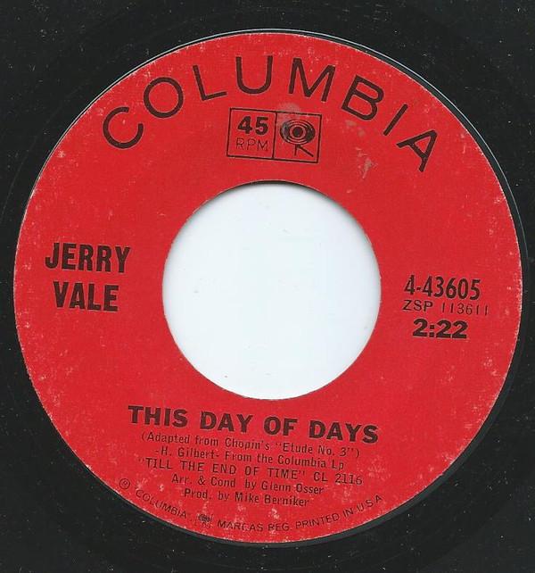 7inch Record JERRY VALE  This Day Of Days  Less Than Tomorr 443605 COLUMBIA 1966 US Pop Used