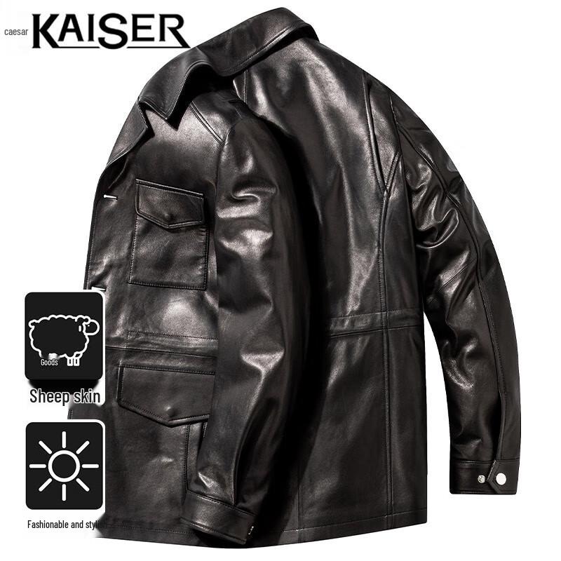 Kaiser Jaqueta Biker Masculina de Couro de Pele de Ovelha Genuíno