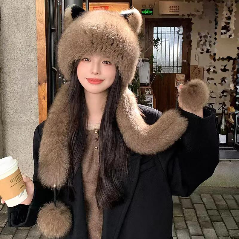 WTEMPO Solid Color Cute Ear Hats Plush Faux Fox Fur Ear Protector Scarf Hats Thick Winter Warm Soft Versatile Casual Hats