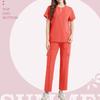 Women's Short Sleeved Color V Neck Pocket Top Pants Work Clothes Two Piece Set