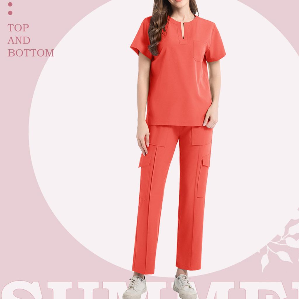 Women's Short Sleeved Color V Neck Pocket Top Pants Work Clothes Two Piece Set