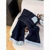 Women's High-Waist Dark Blue Denim Pants - Winter Lazy Style with Contrasting Letter Embroidery and Plus Velvet Wide Leg Design.