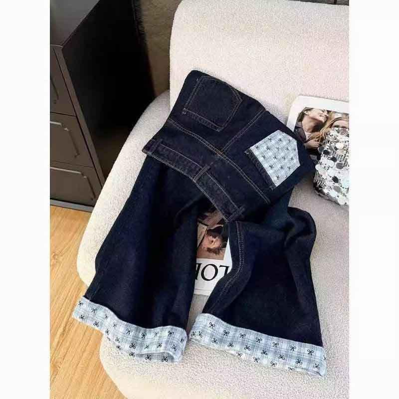 Women's High-Waist Dark Blue Denim Pants - Winter Lazy Style with Contrasting Letter Embroidery and Plus Velvet Wide Leg Design.