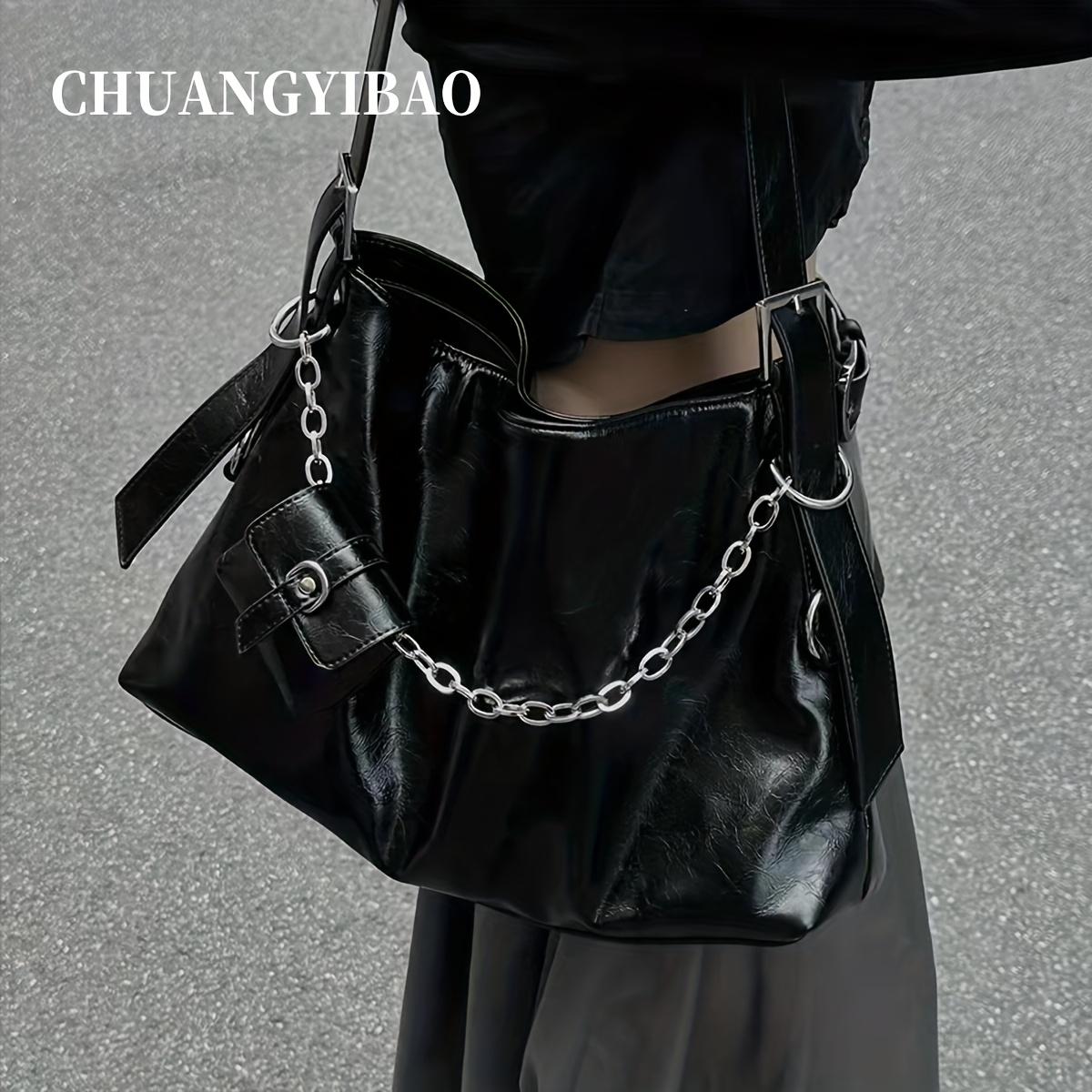 

Черная сумка подмышку большой вместимости, сумка-тоут в стиле острой девушки для поездок на работу, сумка «мать и дитя», повседневная универсальная ретро-цепочка, большая женская сумка чёрный